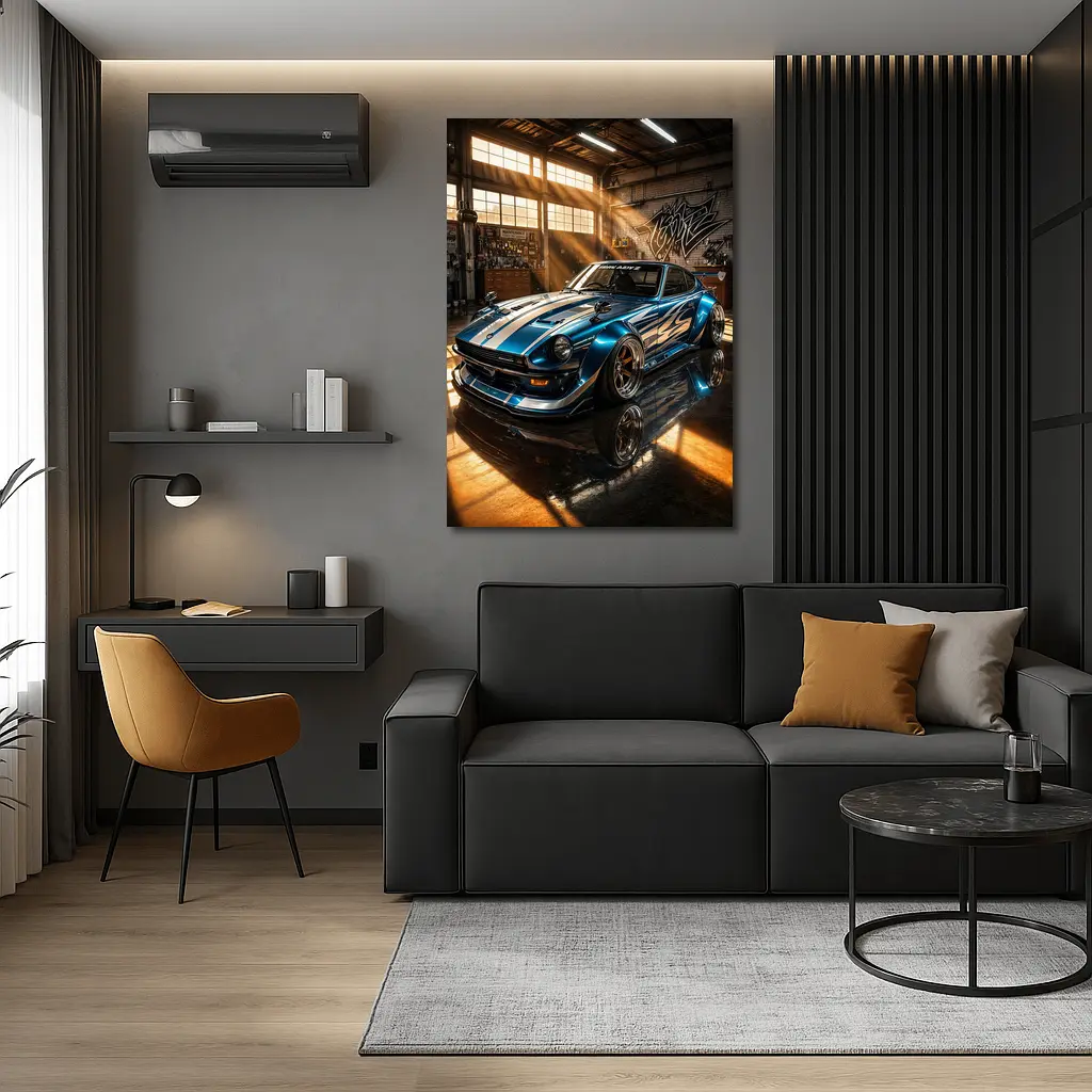 Nissan Z Custom Blue Garage Workshop Scene – Wall Art
