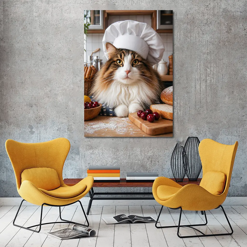 Norwegian Forest Cat Chef Kitchen Baking Scene – Wall Art