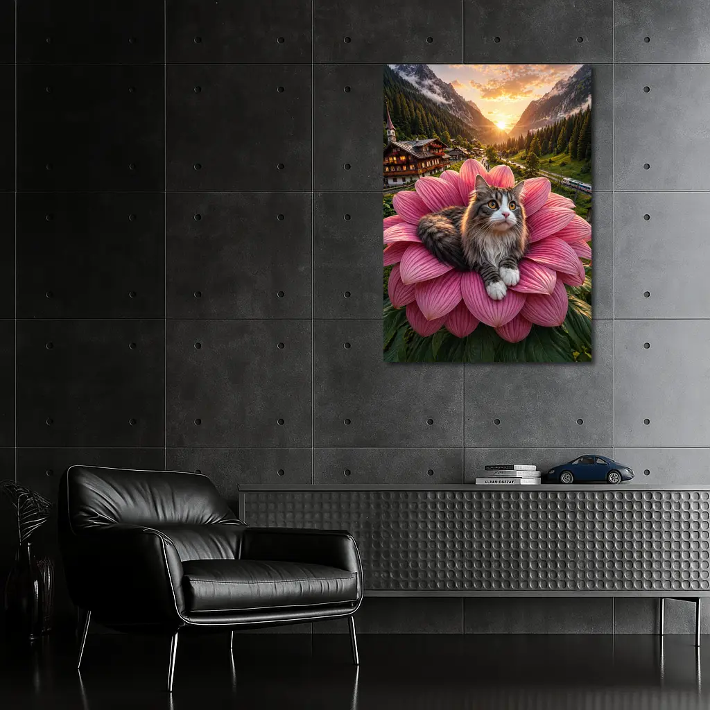 Norwegian Forest Cat on Pink Flower Mountains – Wall Art
