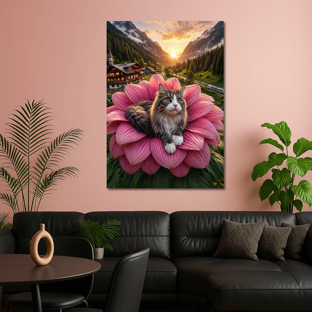 Norwegian Forest Cat on Pink Flower Mountains – Wall Art