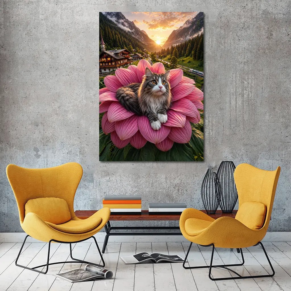 Norwegian Forest Cat on Pink Flower Mountains – Wall Art