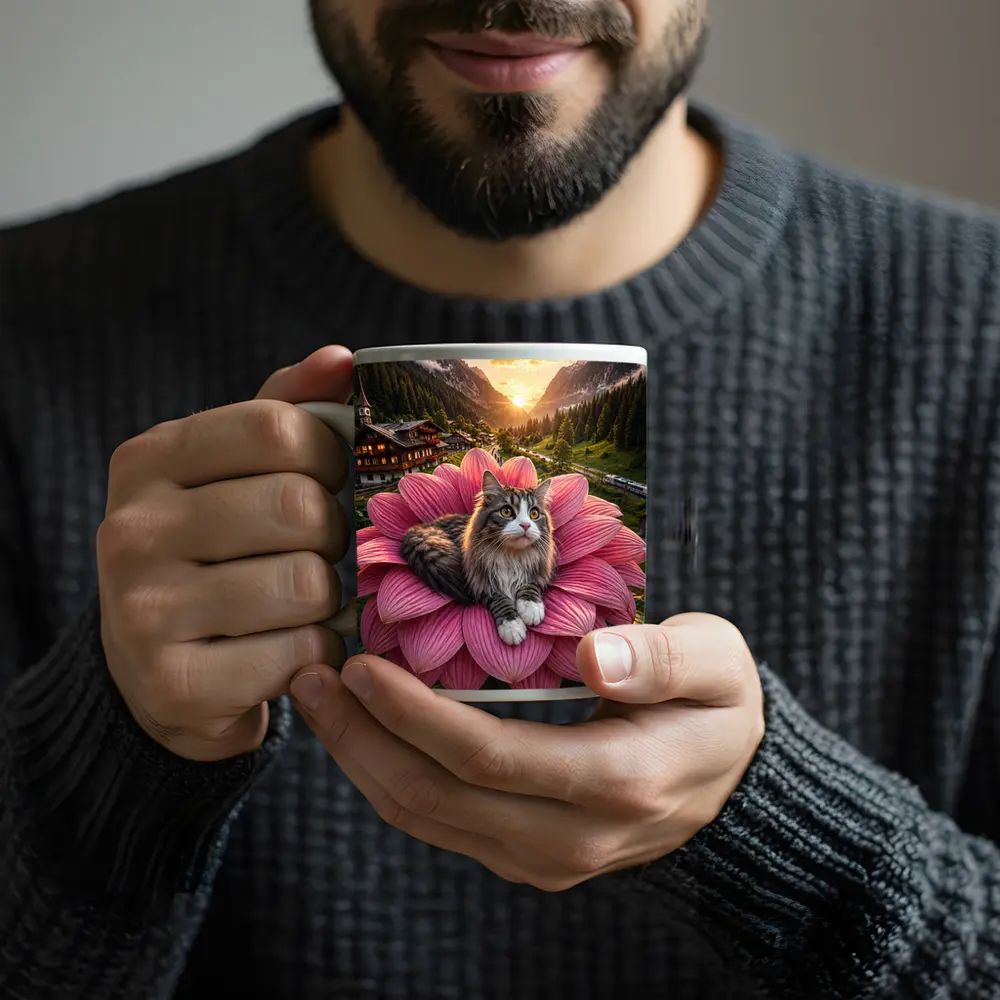 Norwegian Forest Cat on Pink Flower Mountains – Mugs