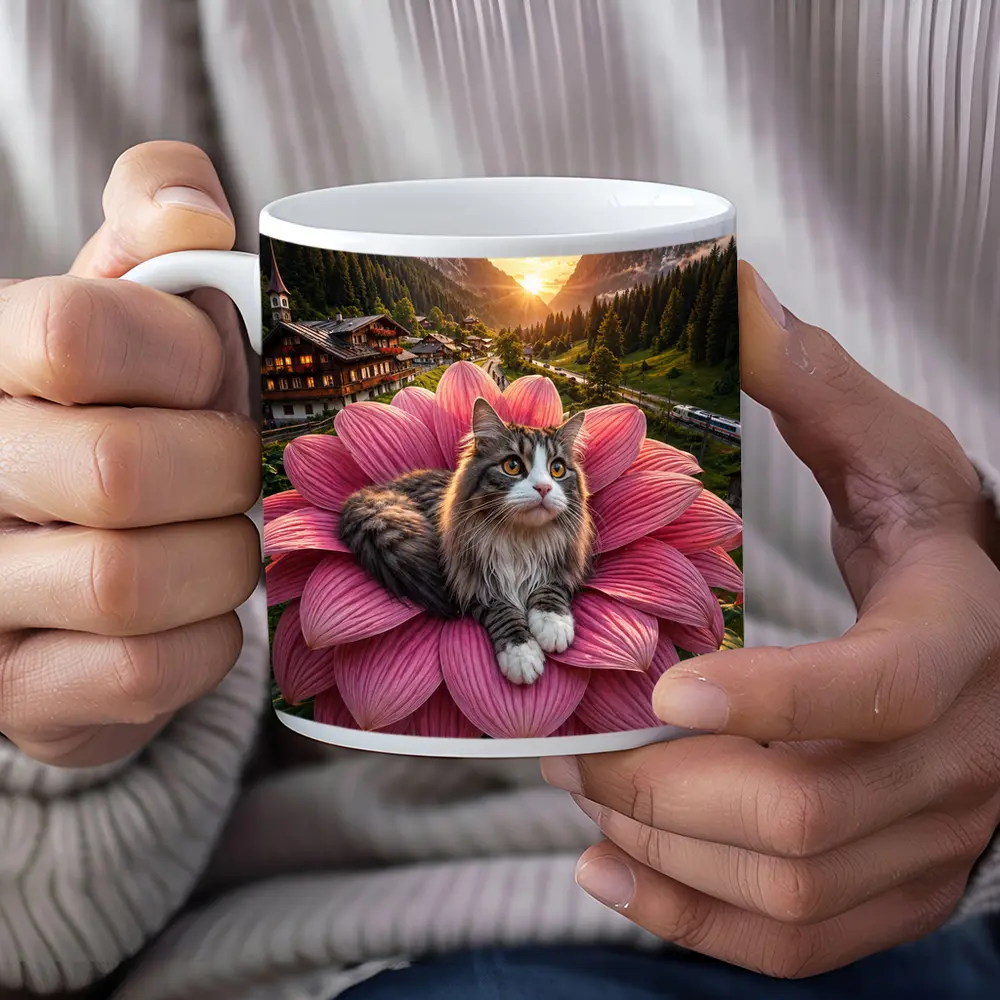 Norwegian Forest Cat on Pink Flower Mountains – Mugs