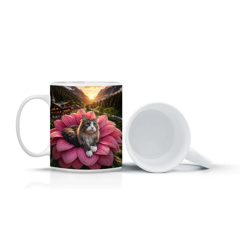 Norwegian Forest Cat on Pink Flower Mountains – Mugs