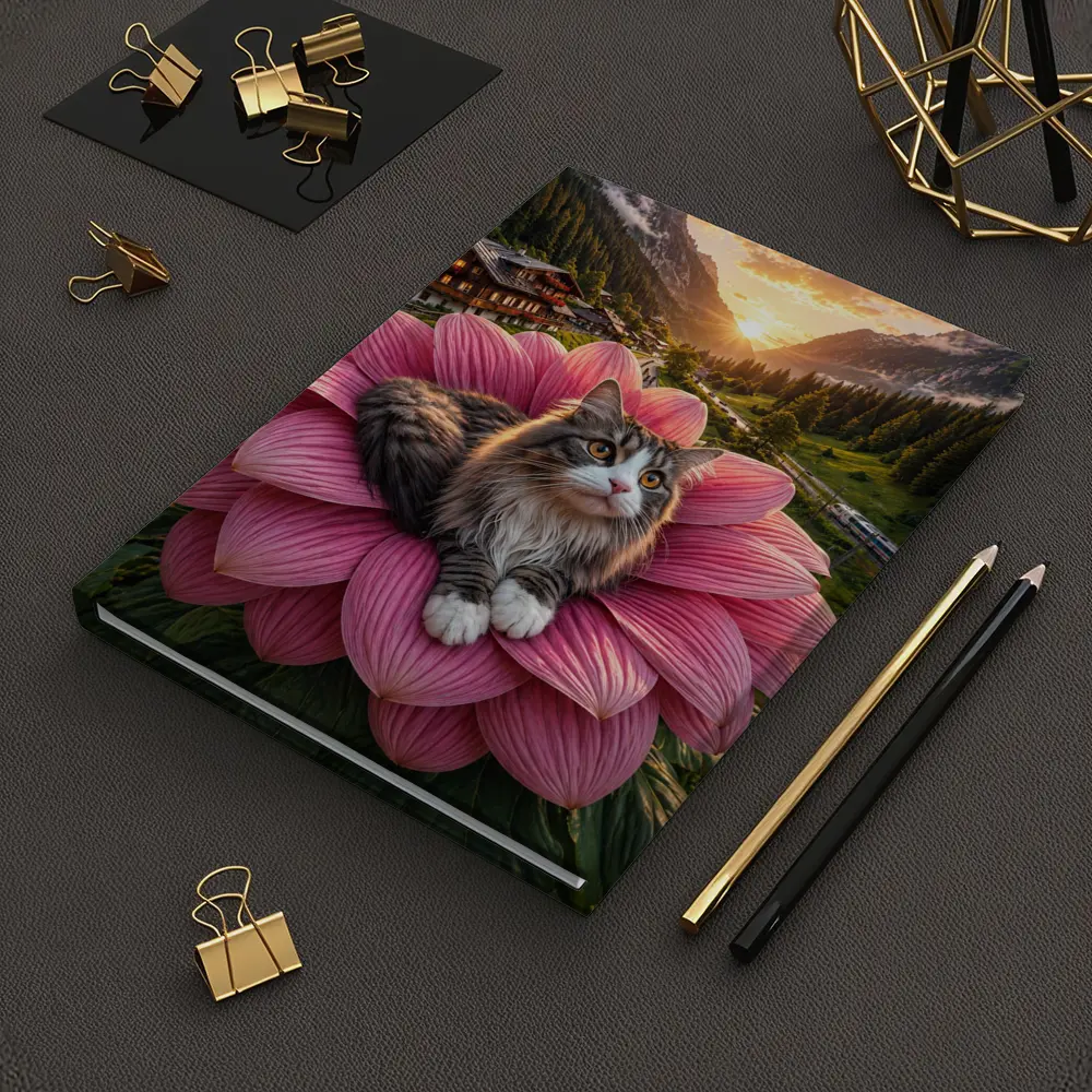 Norwegian Forest Cat on Pink Flower Mountains – Notebooks