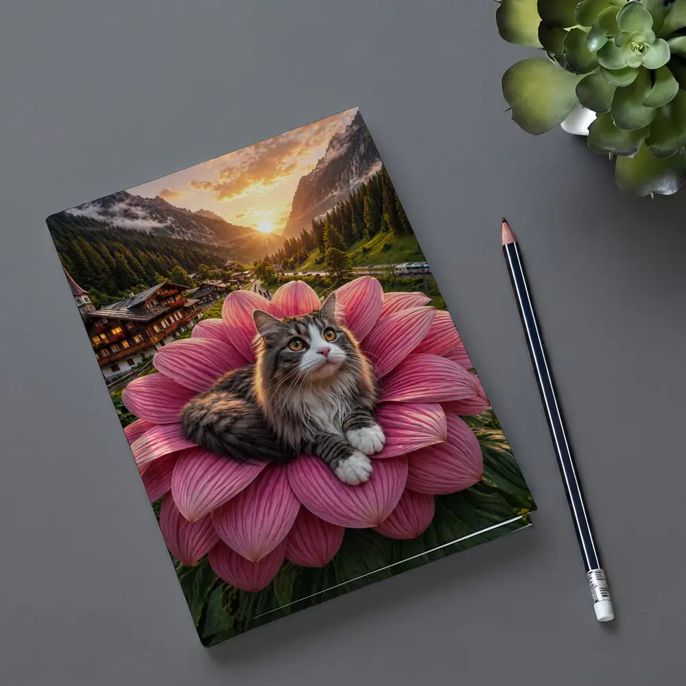 Norwegian Forest Cat on Pink Flower Mountains – Notebooks