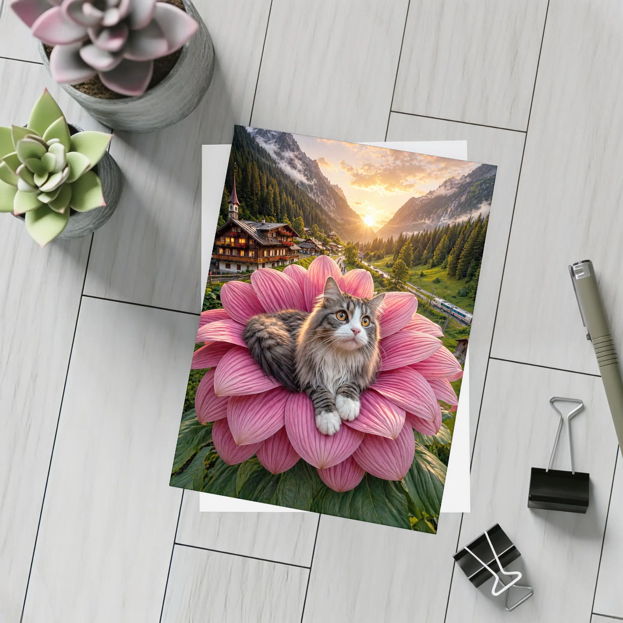Norwegian Forest Cat on Pink Flower Mountains – Postcards
