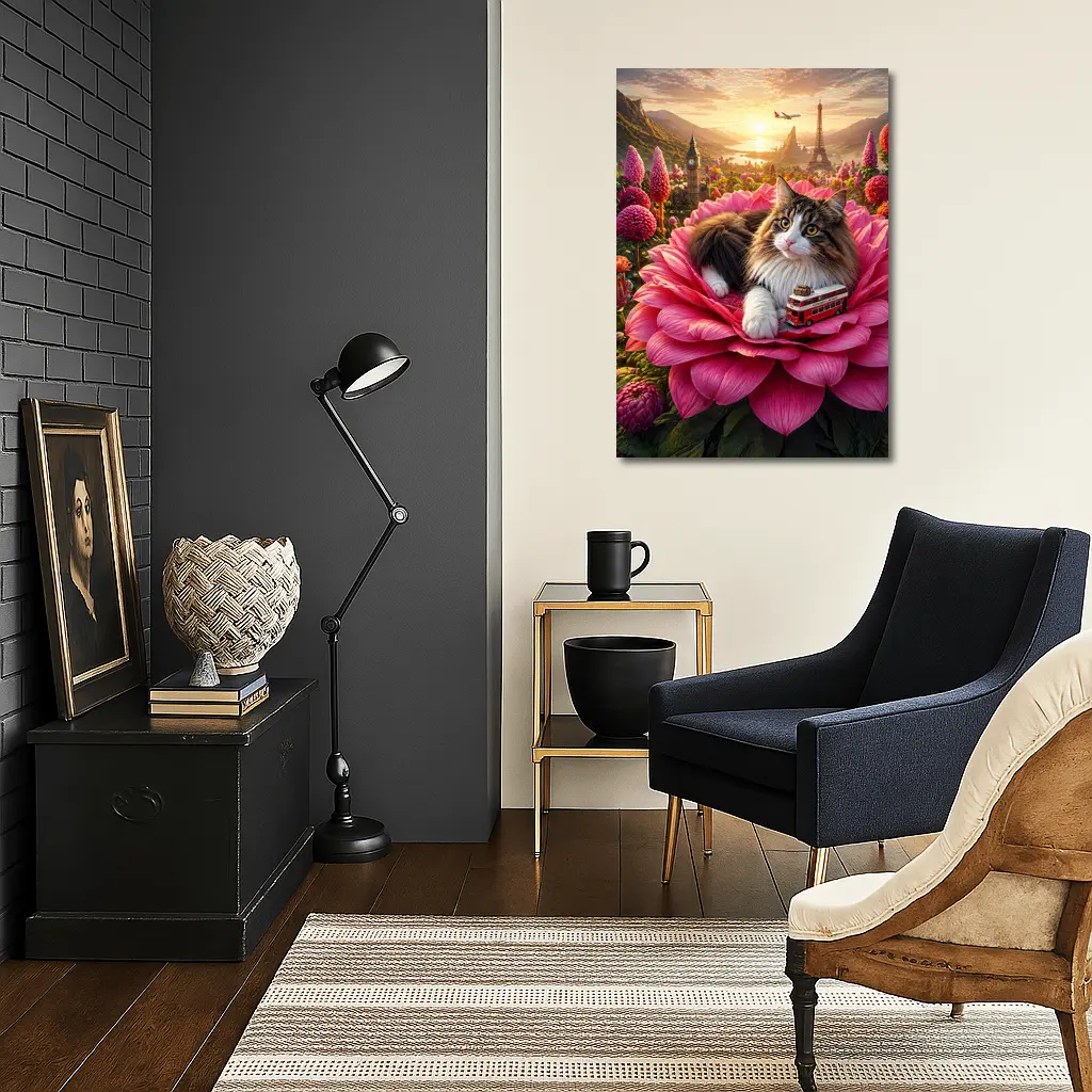 Norwegian Forest Cat Pink Flower London Paris – Wall Art