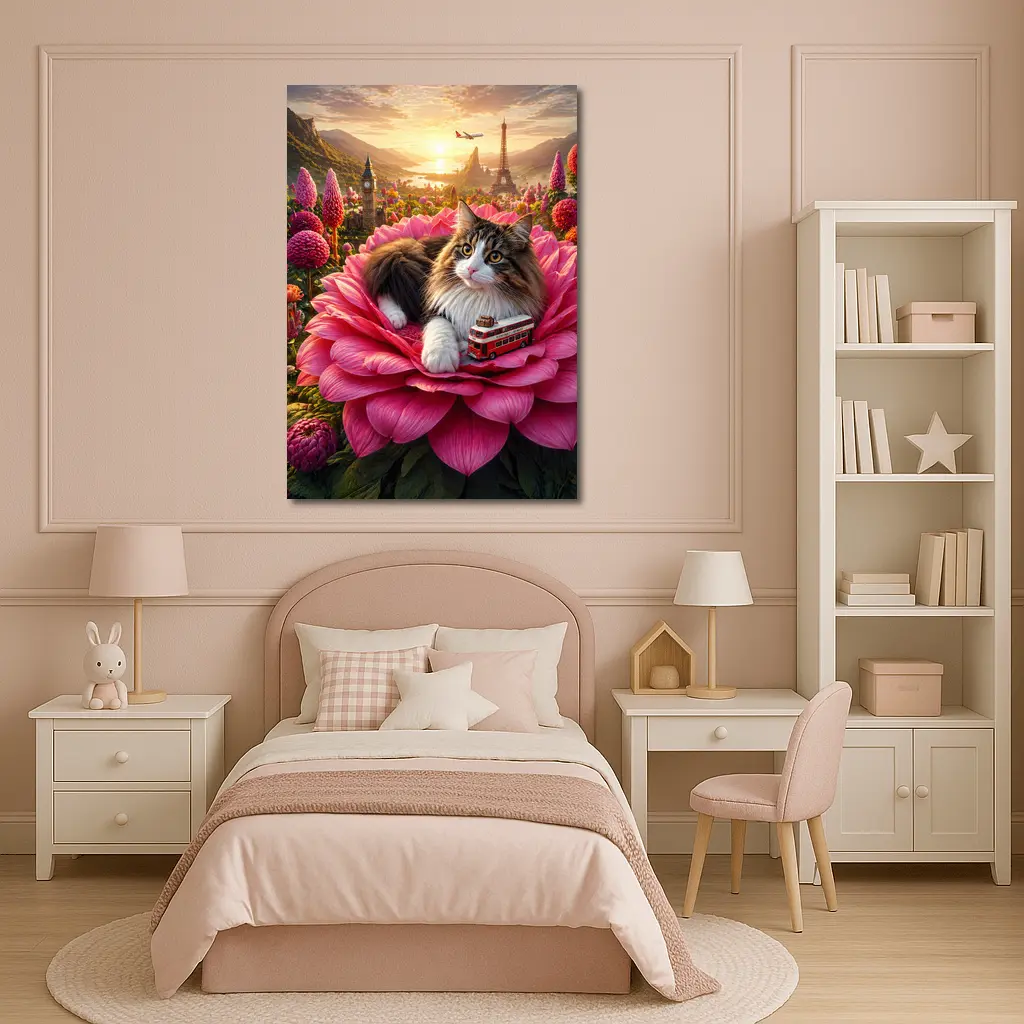 Norwegian Forest Cat Pink Flower London Paris – Wall Art