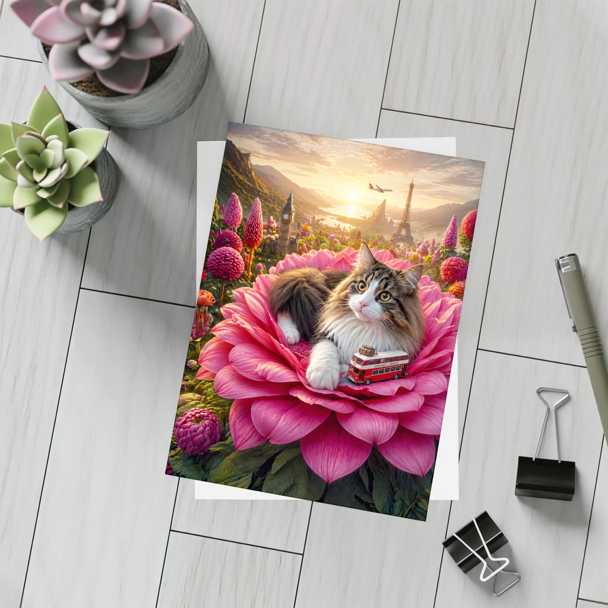 Norwegian Forest Cat Pink Flower London Paris – Postcards