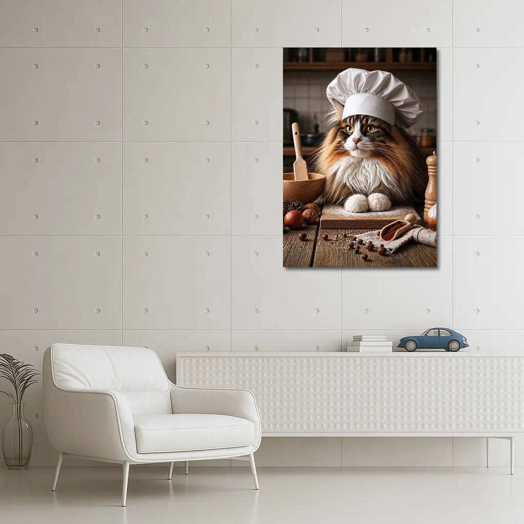 Norwegian Forest Cat Chef Kitchen Portrait – Wall Art