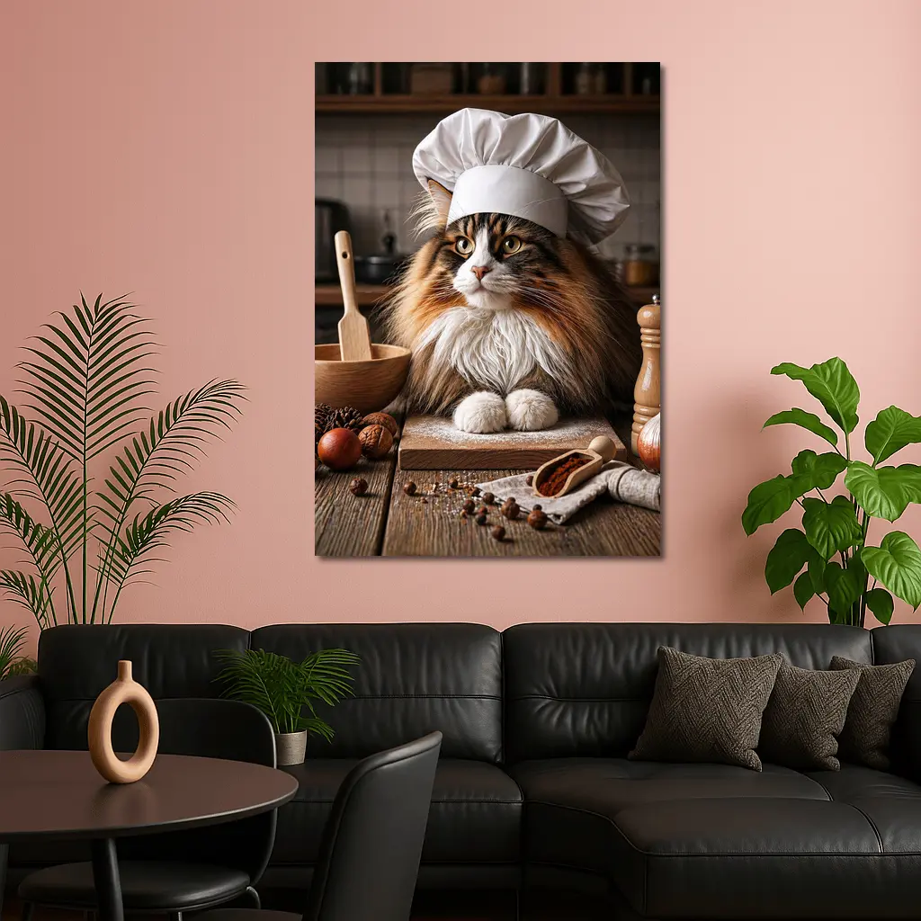 Norwegian Forest Cat Chef Kitchen Portrait – Wall Art