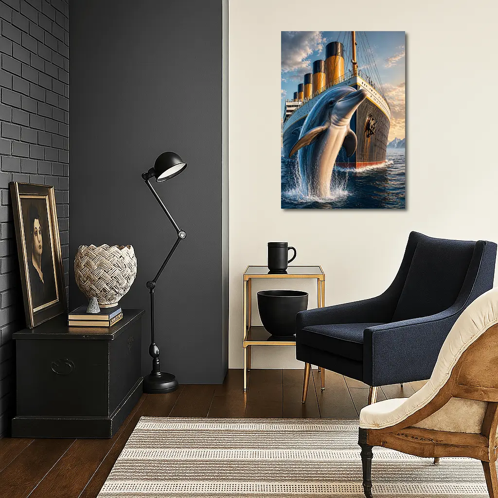 Dolphin Leaping Beside Ocean Liner Ship – Wall Art