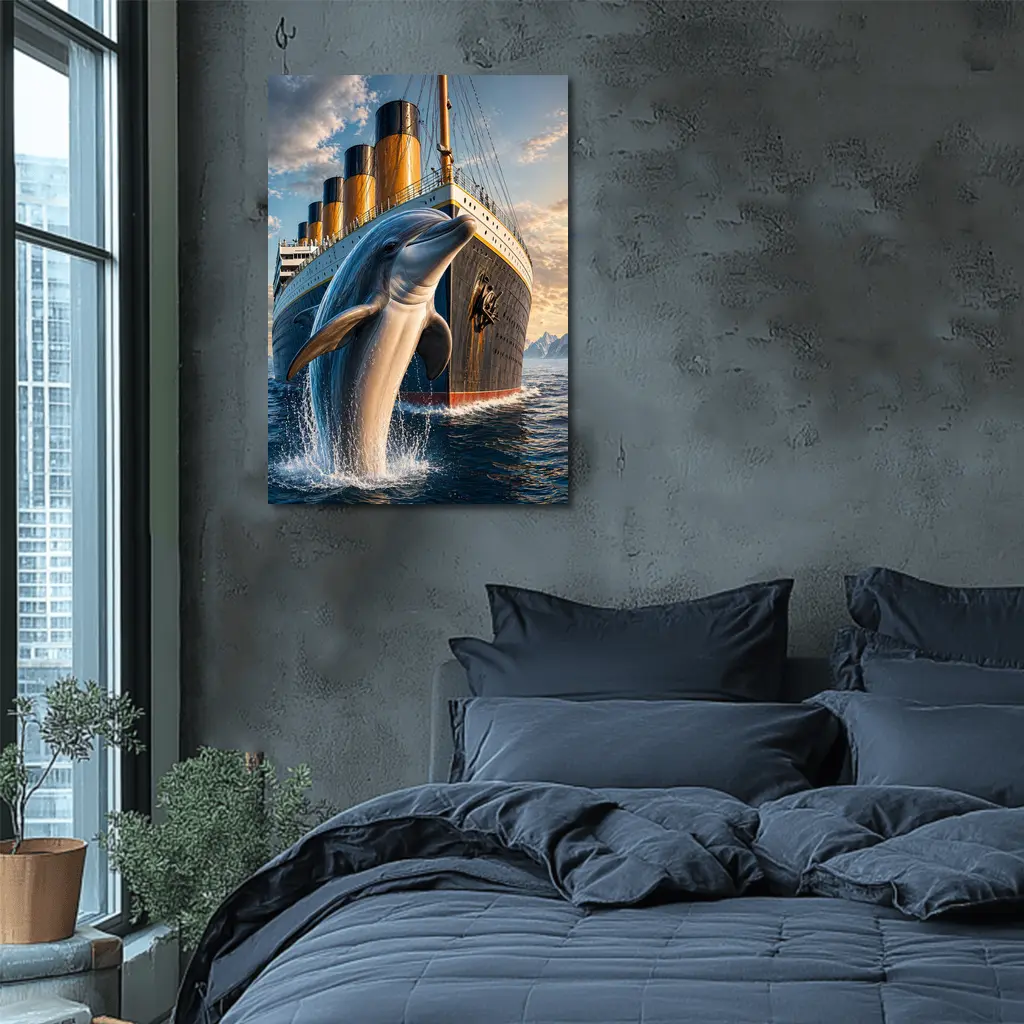 Dolphin Leaping Beside Ocean Liner Ship – Wall Art