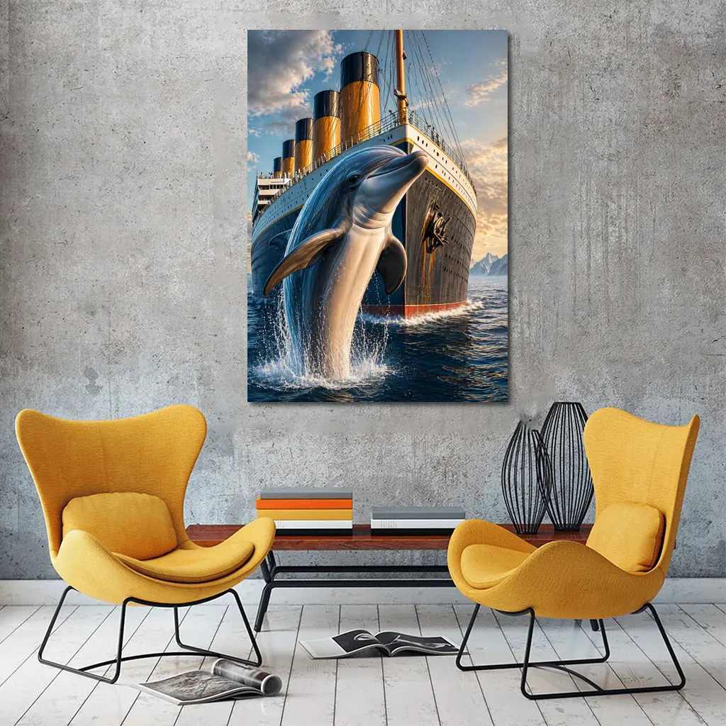 Dolphin Leaping Beside Ocean Liner Ship – Wall Art