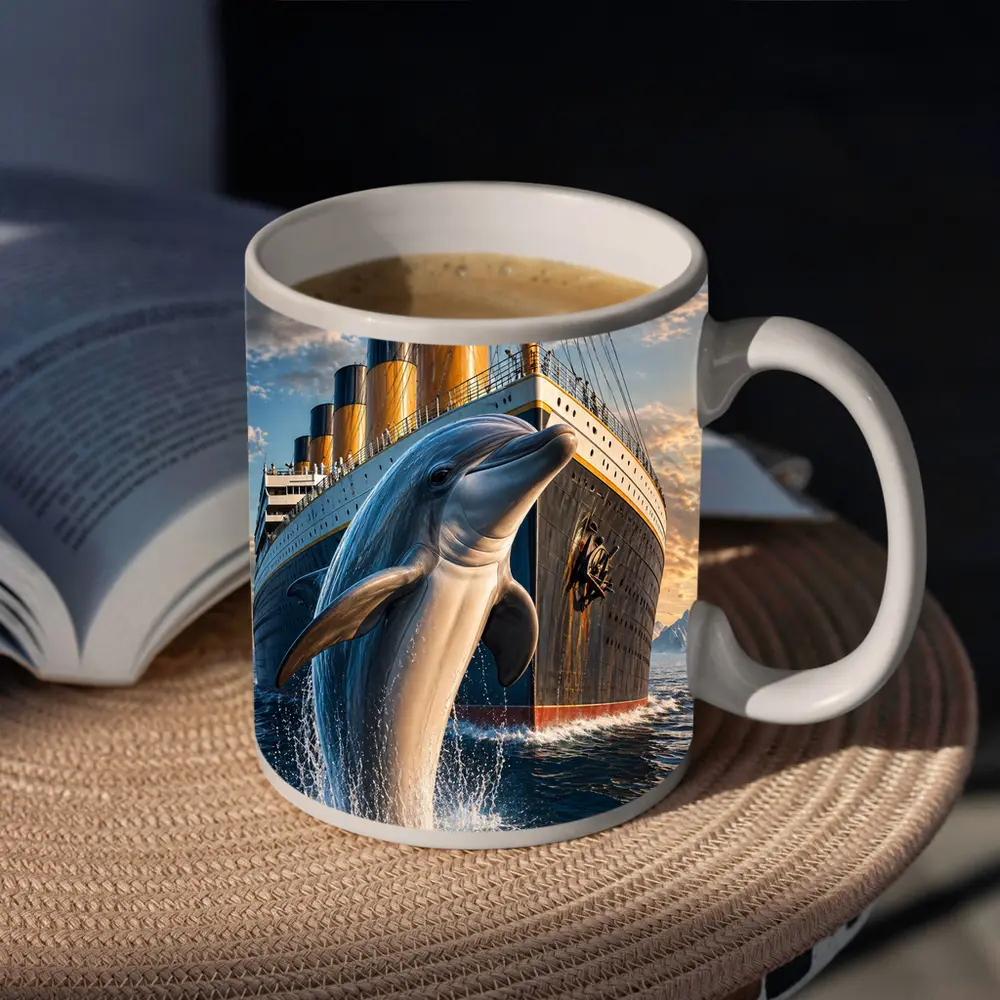 Dolphin Leaping Beside Ocean Liner Ship – Mugs