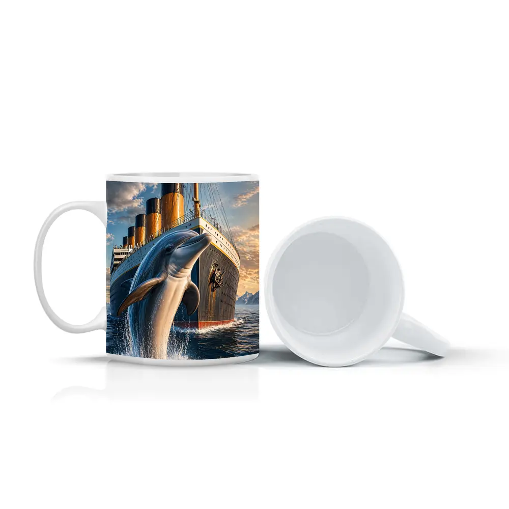 Dolphin Leaping Beside Ocean Liner Ship – Mugs