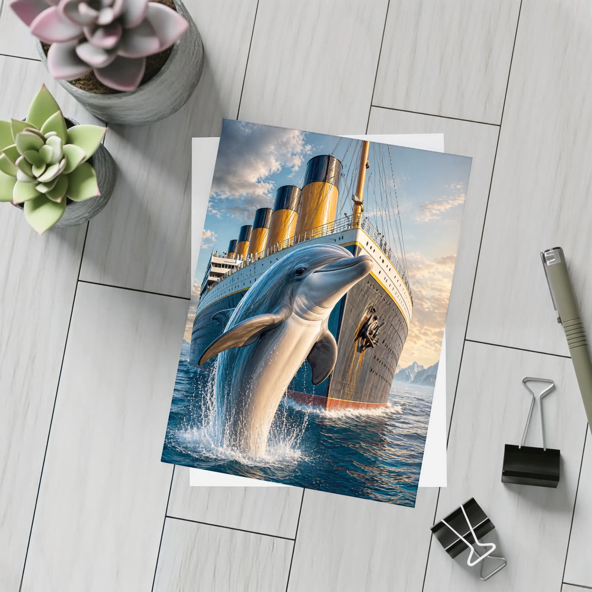 Dolphin Leaping Beside Ocean Liner Ship – Postcards