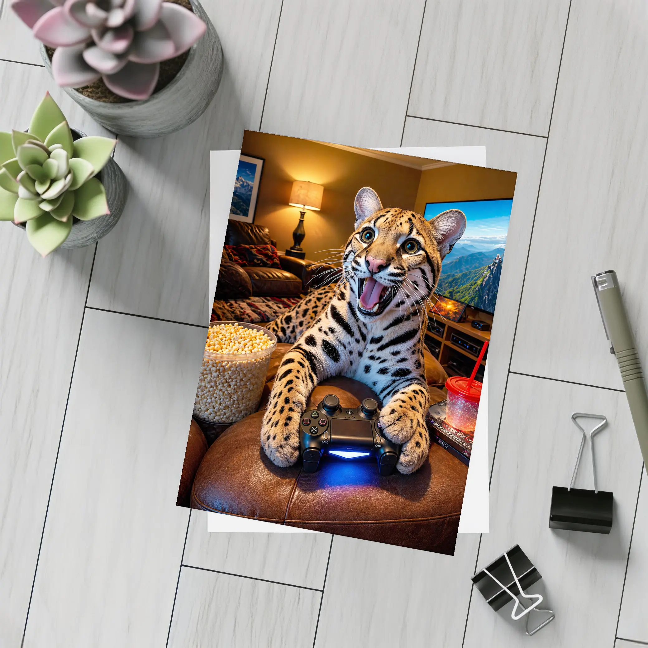 Ocelot Gaming Controller Cozy Living Room – Postcards