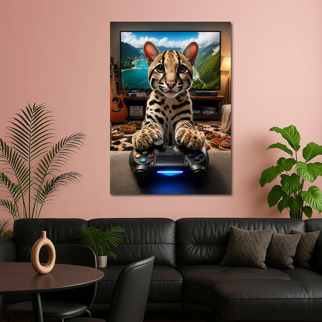 Ocelot Playing Video Game Controller Cozy Room – Wall Art