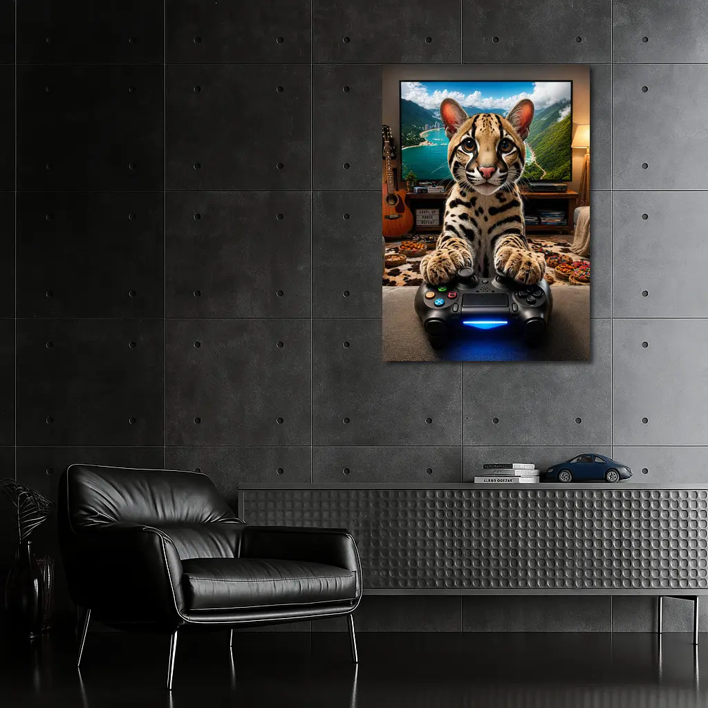 Ocelot Playing Video Game Controller Cozy Room – Wall Art