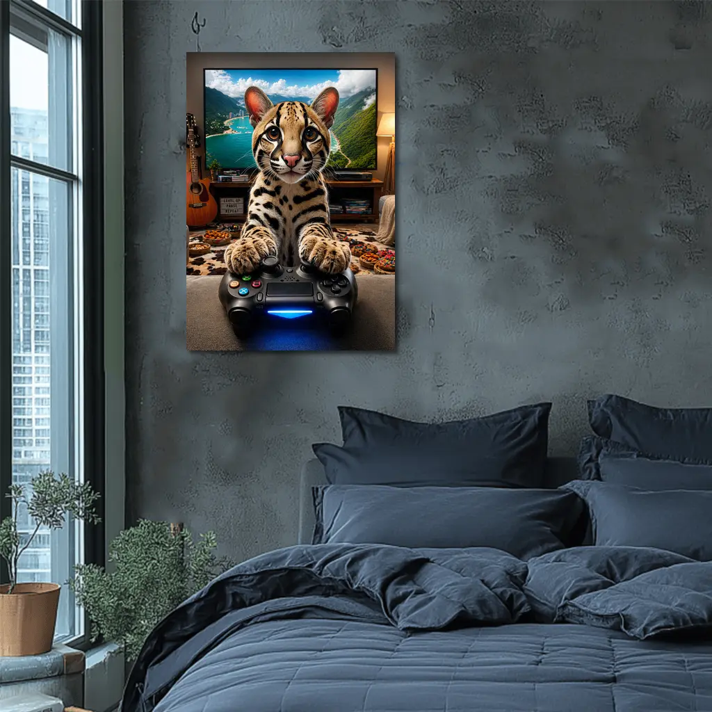Ocelot Playing Video Game Controller Cozy Room – Wall Art