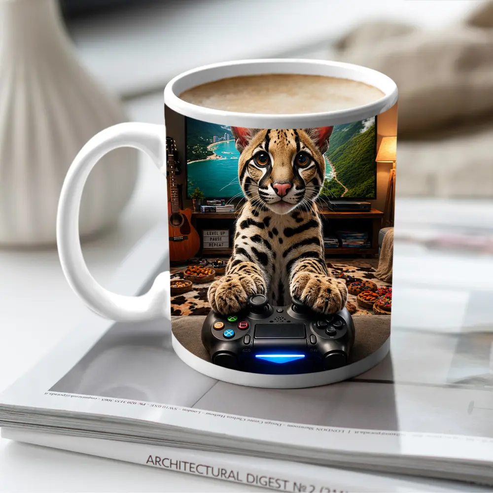 Ocelot Playing Video Game Controller Cozy Room – Mugs
