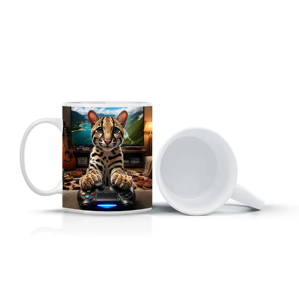 Ocelot Playing Video Game Controller Cozy Room – Mugs