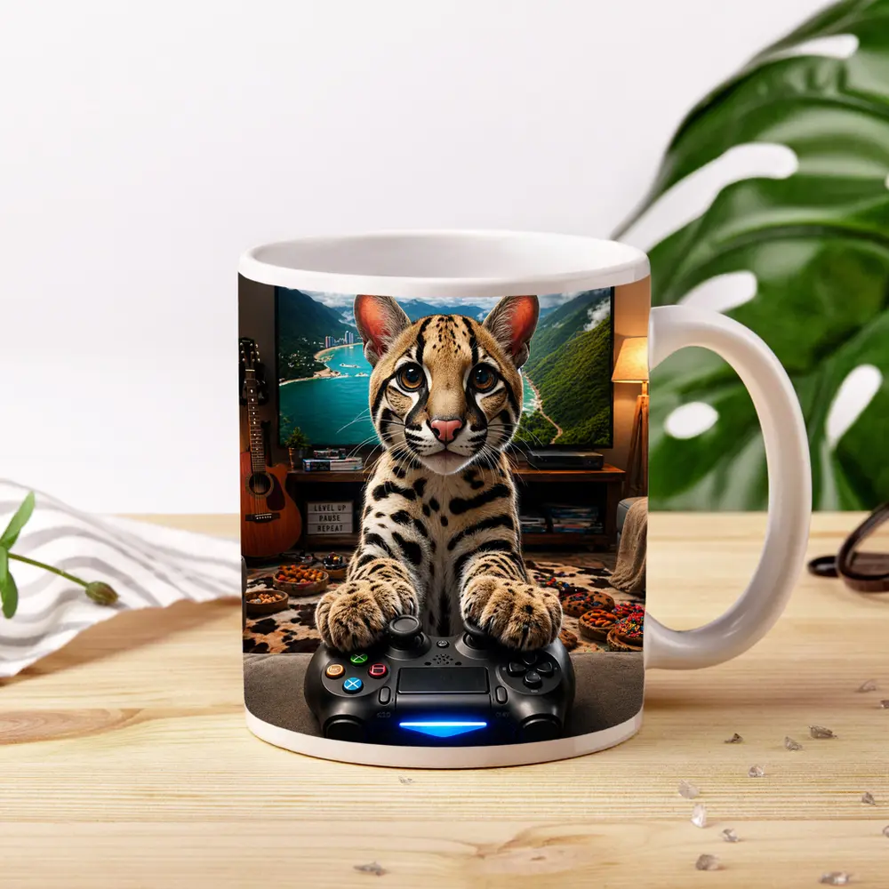 Ocelot Playing Video Game Controller Cozy Room – Mugs