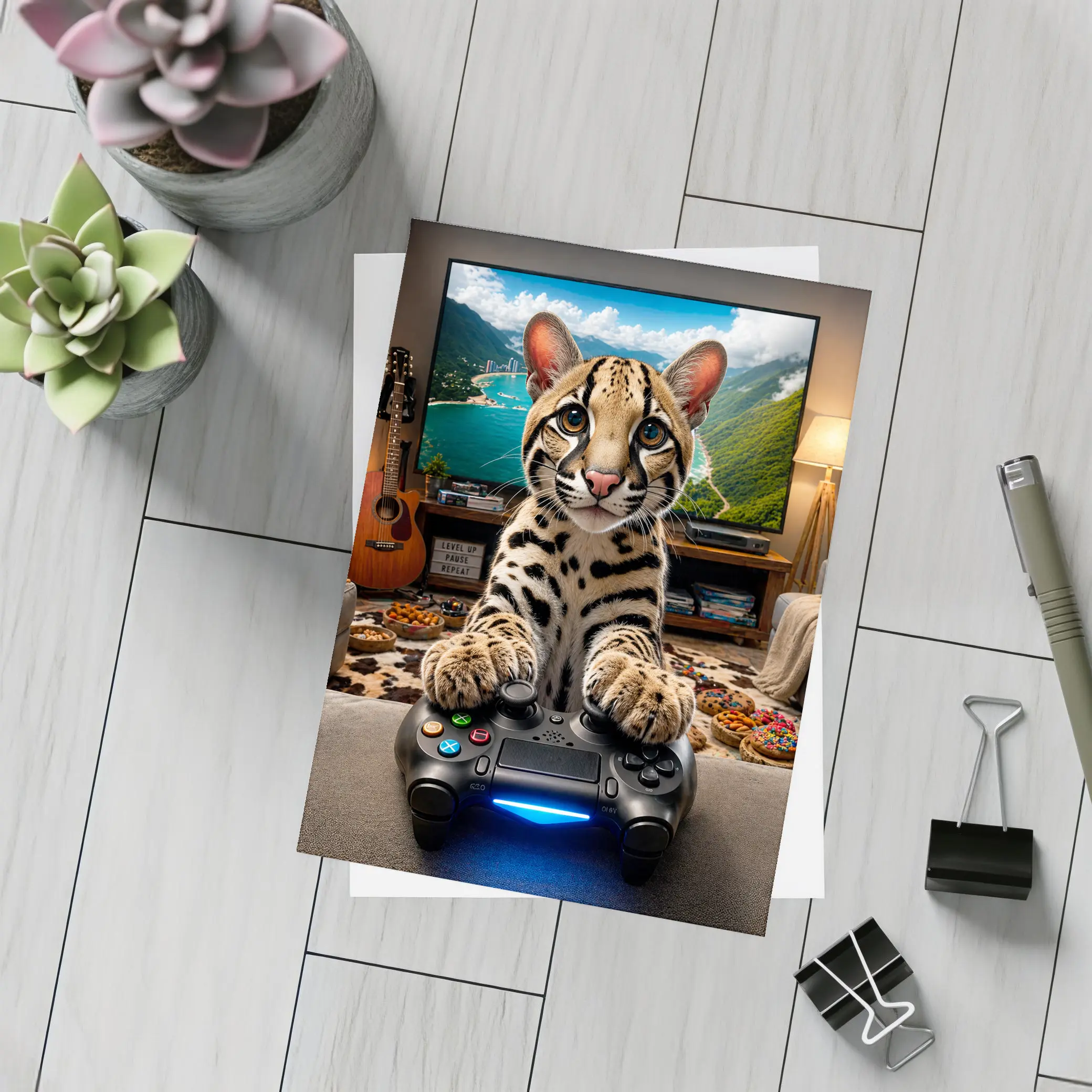 Ocelot Playing Video Game Controller Cozy Room – Postcards