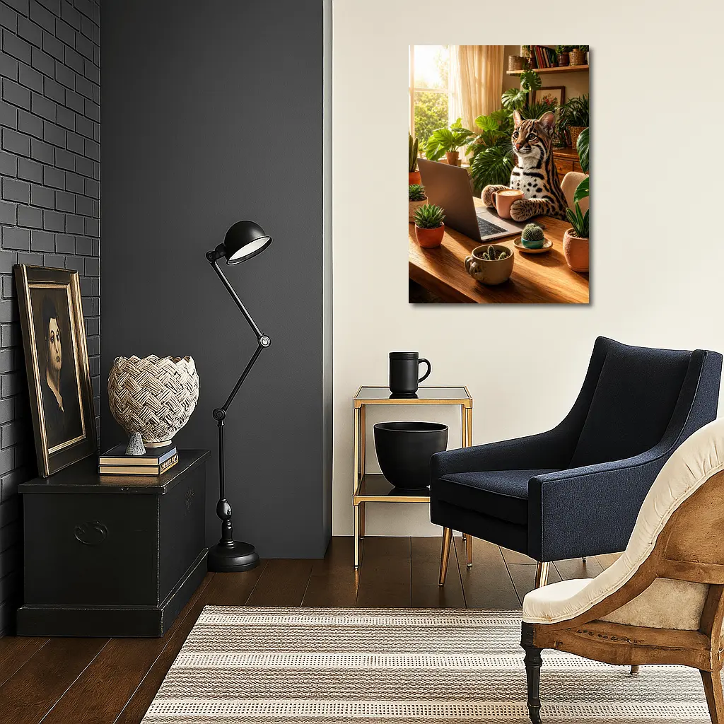 Ocelot Working at Laptop Cozy Plant Room – Wall Art
