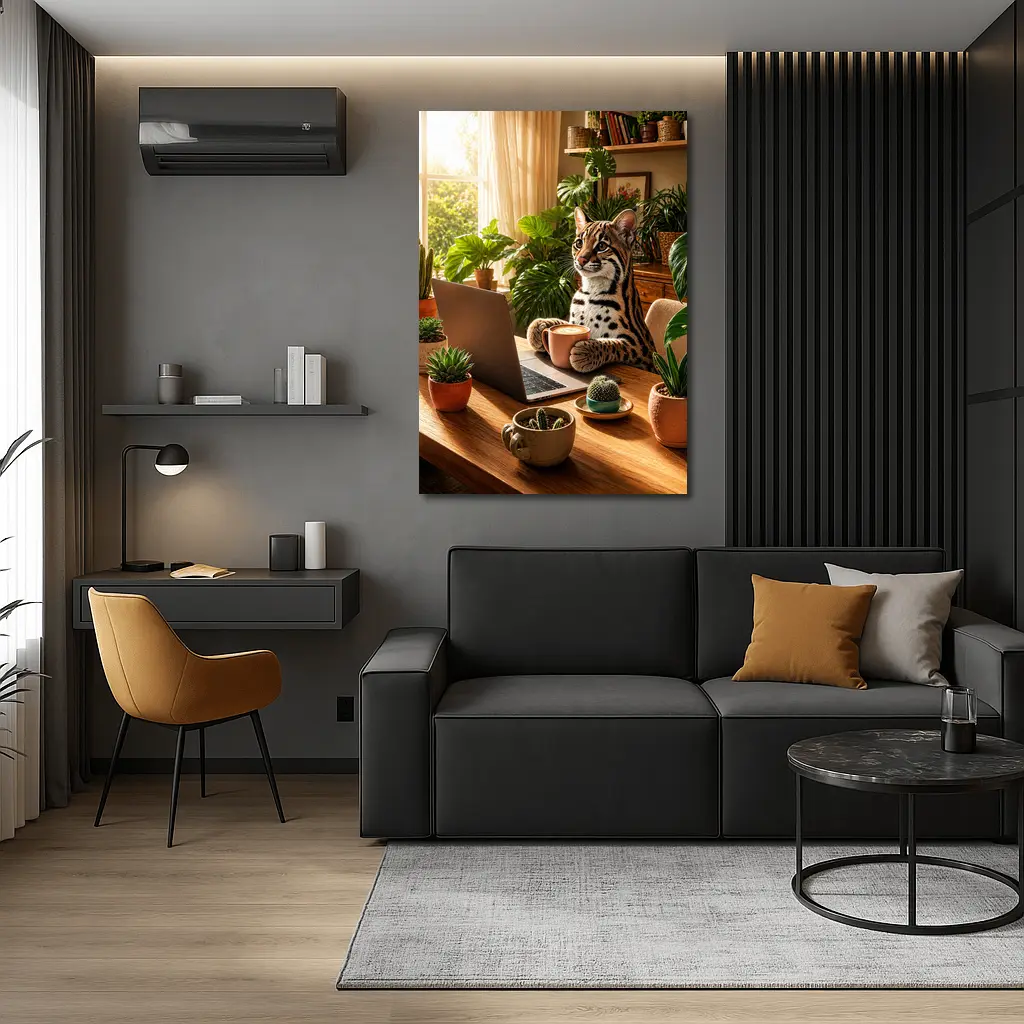 Ocelot Working at Laptop Cozy Plant Room – Wall Art