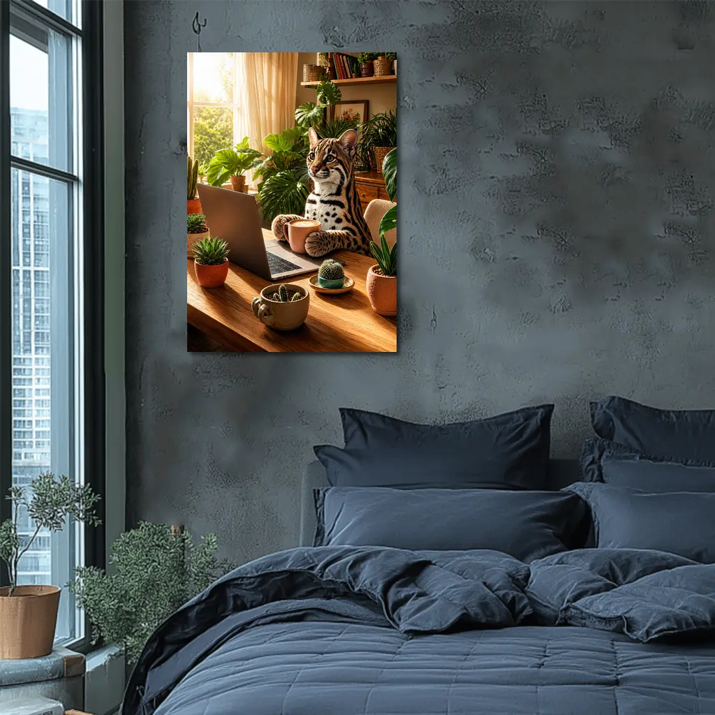 Ocelot Working at Laptop Cozy Plant Room – Wall Art