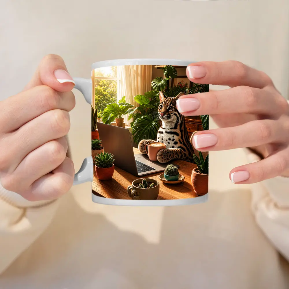 Ocelot Working at Laptop Cozy Plant Room – Mugs