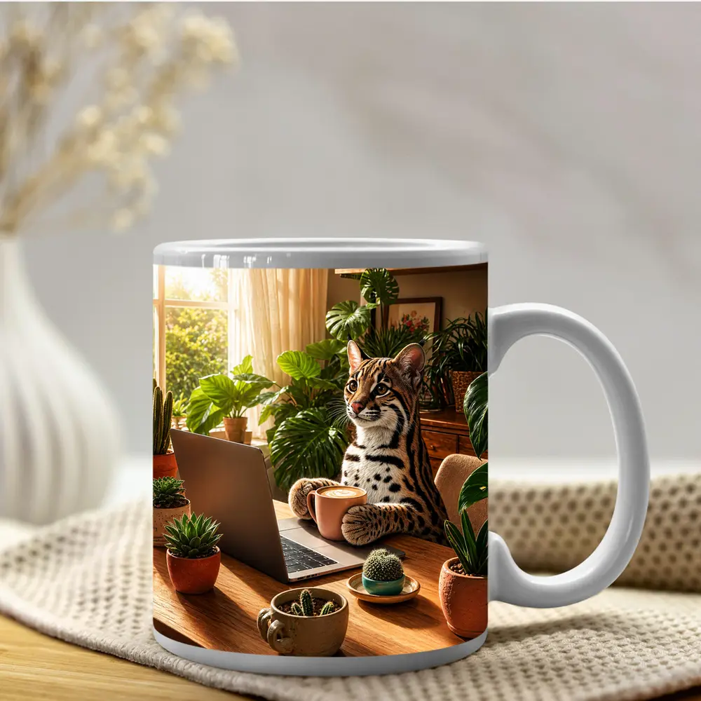 Ocelot Working at Laptop Cozy Plant Room – Mugs