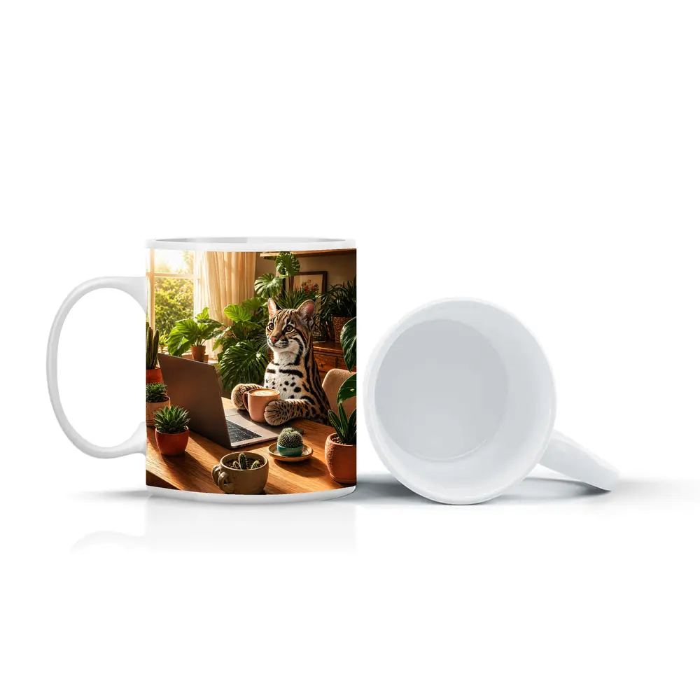 Ocelot Working at Laptop Cozy Plant Room – Mugs