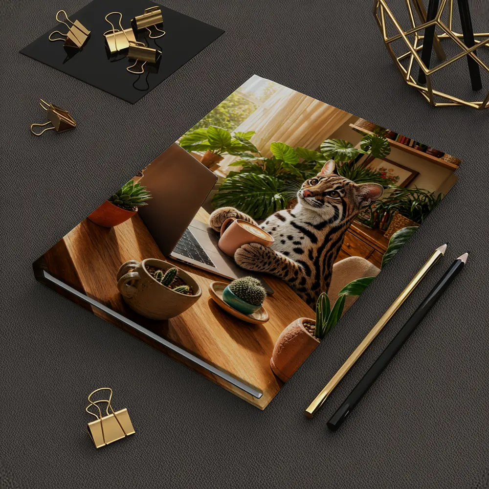 Ocelot Working at Laptop Cozy Plant Room – Notebooks