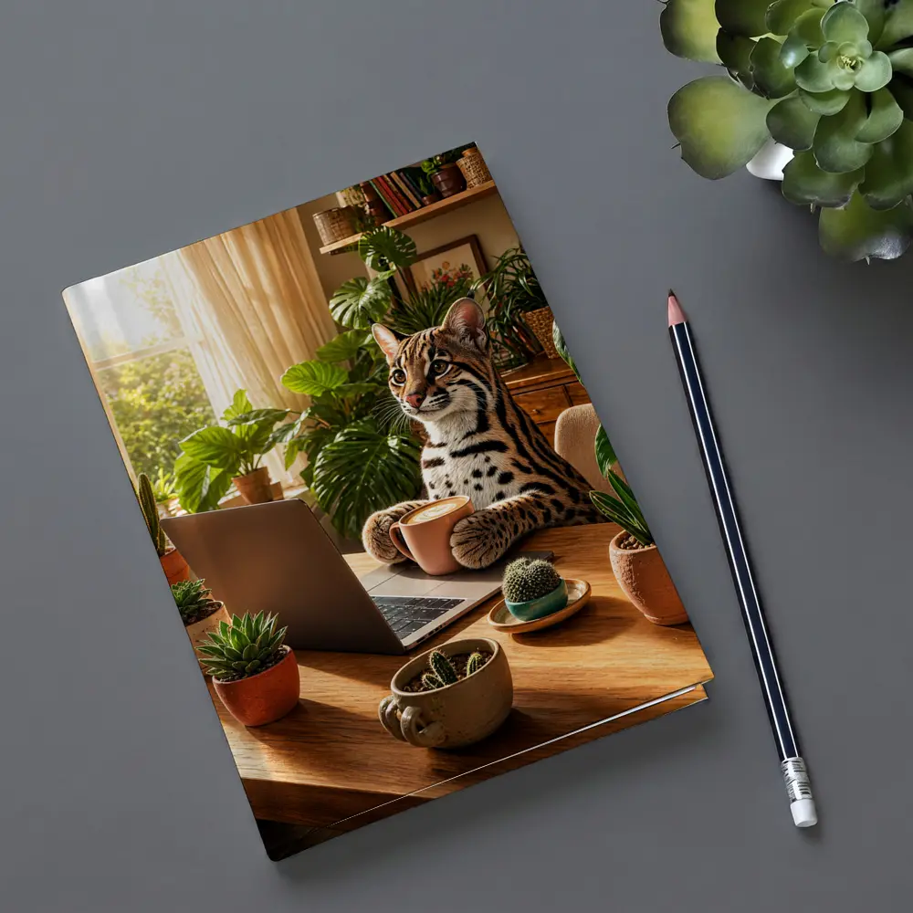 Ocelot Working at Laptop Cozy Plant Room – Notebooks