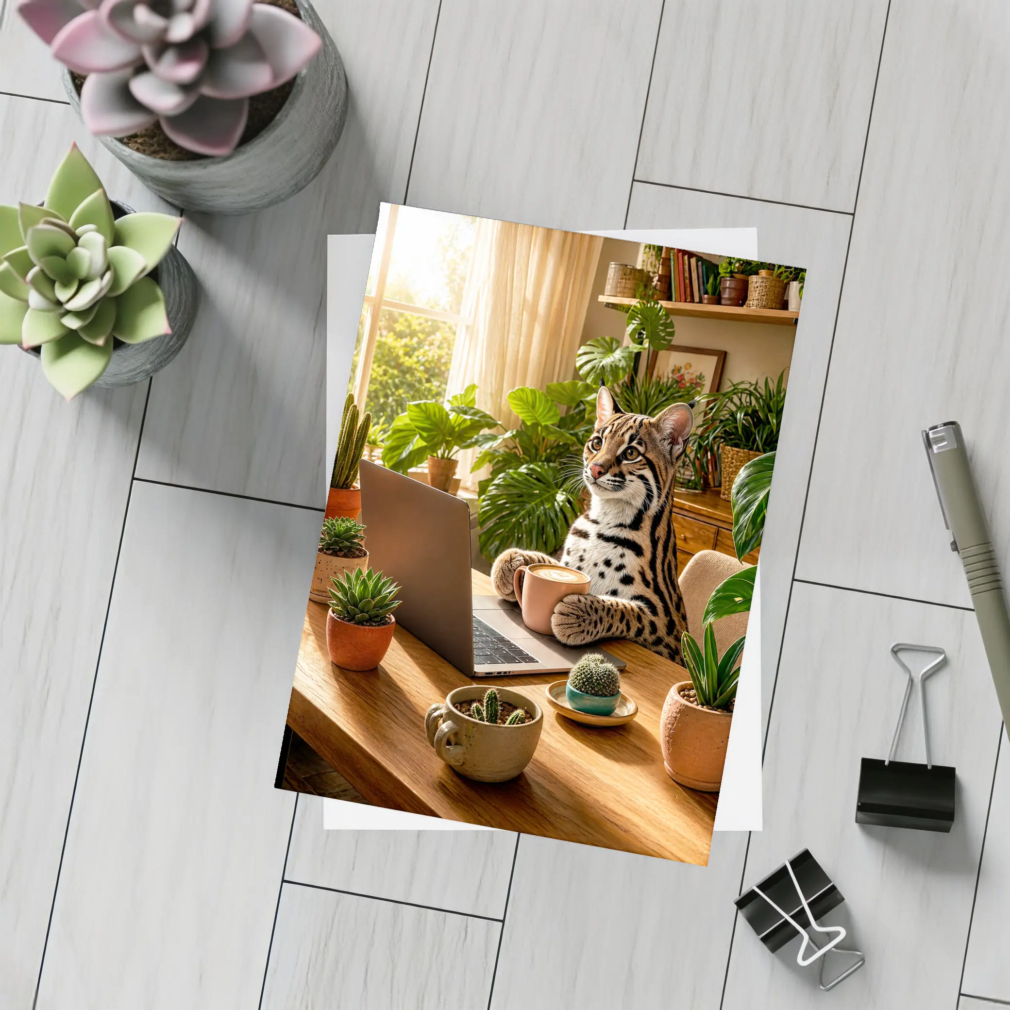 Ocelot Working at Laptop Cozy Plant Room – Postcards