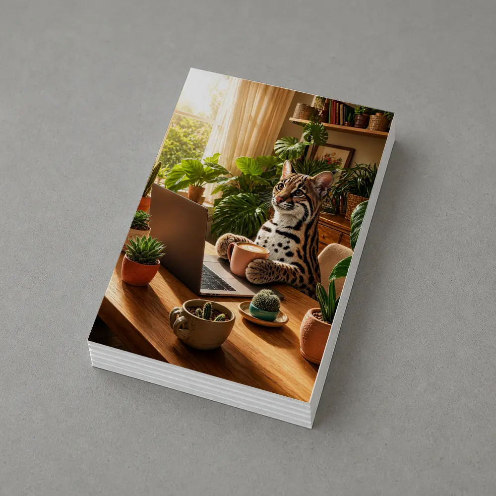 Ocelot Working at Laptop Cozy Plant Room – Postcards