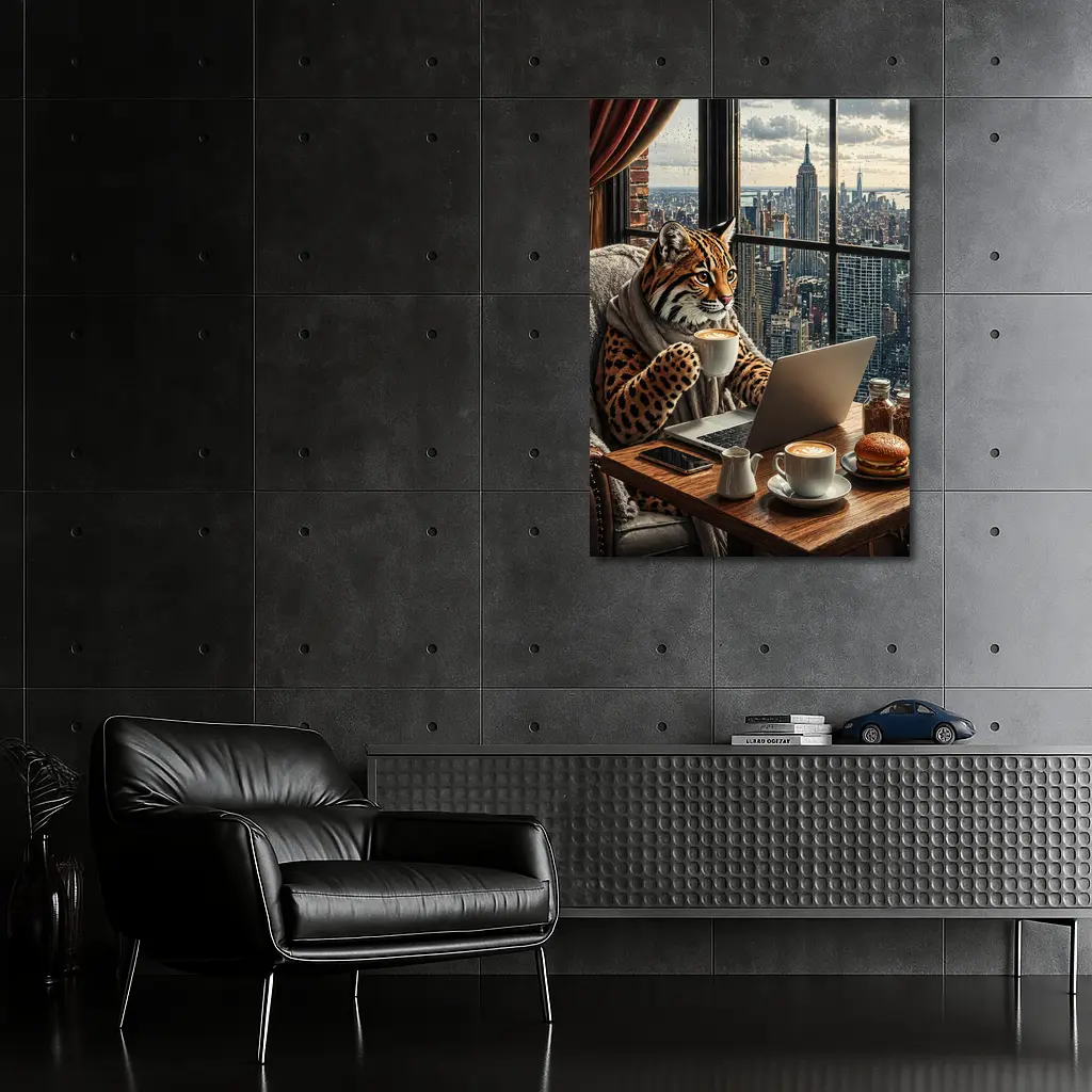 Ocelot Working Laptop New York City View – Wall Art