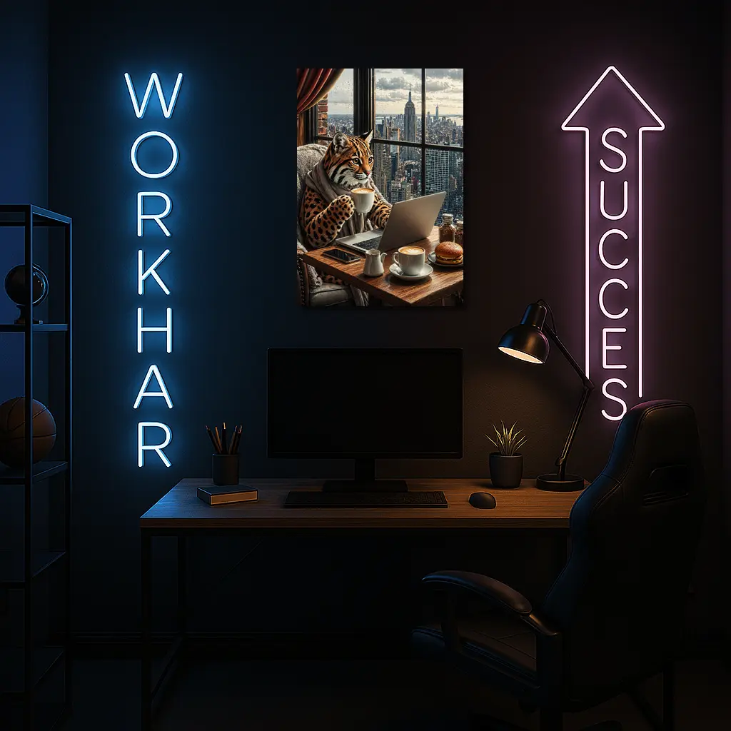 Ocelot Working Laptop New York City View – Wall Art