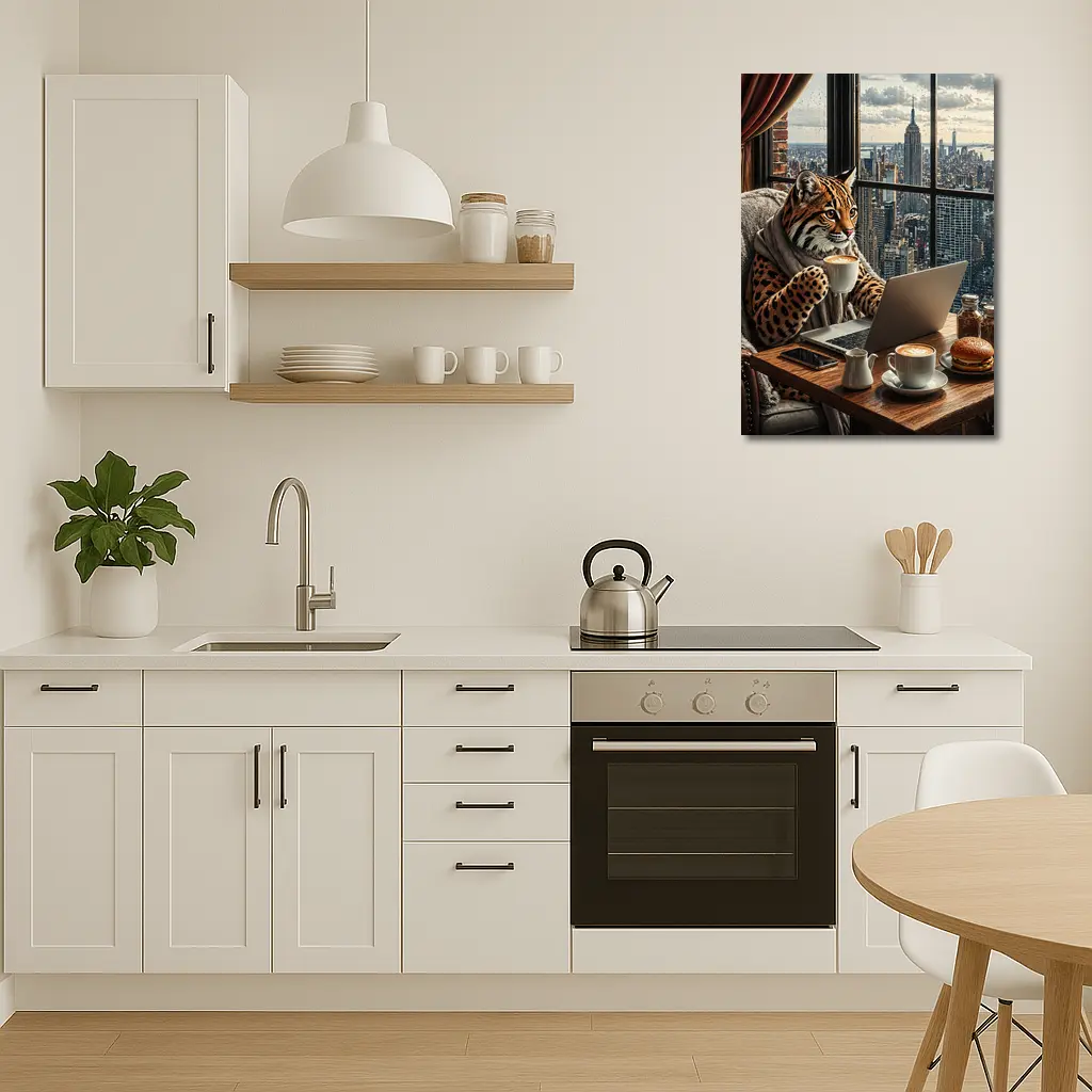 Ocelot Working Laptop New York City View – Wall Art
