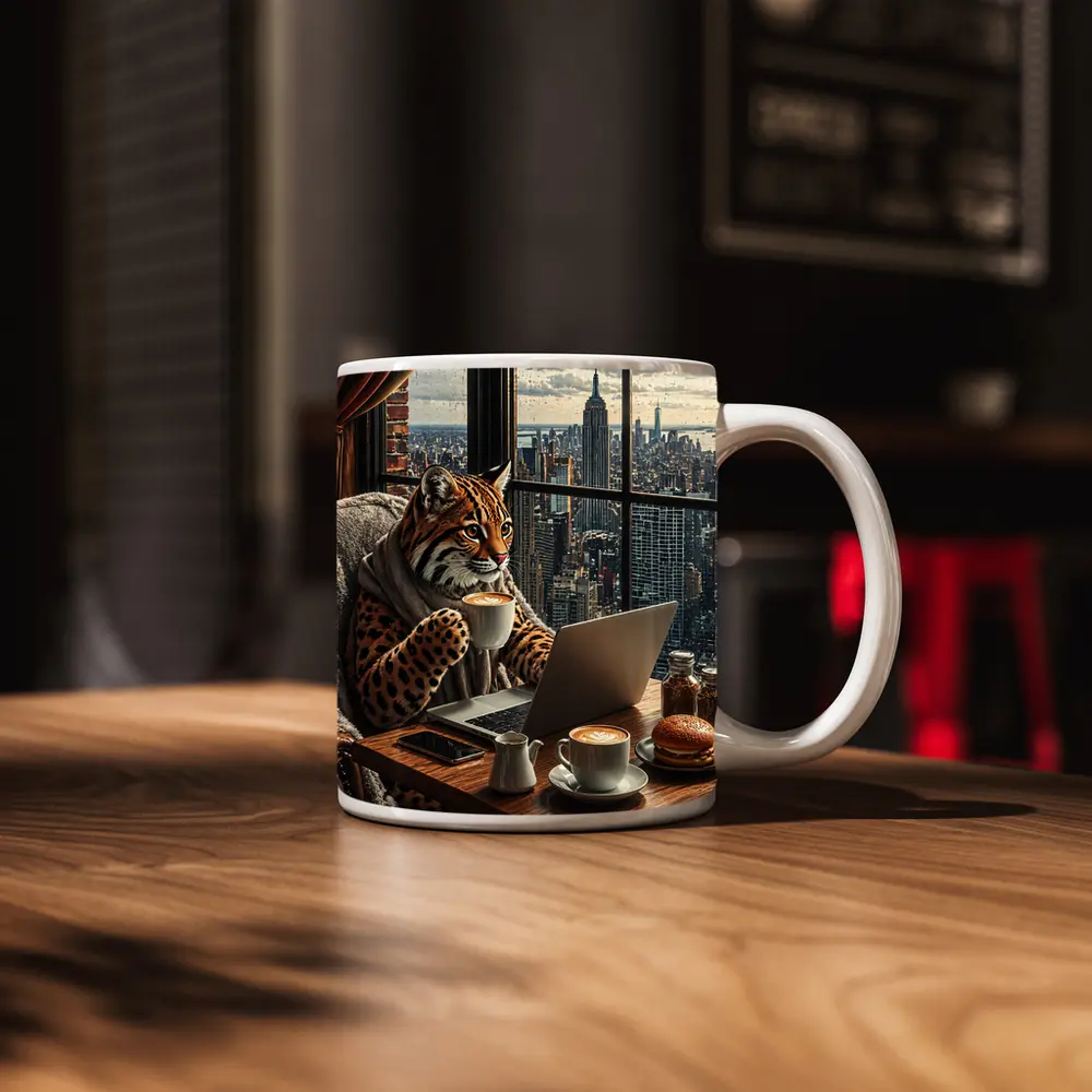 Ocelot Working Laptop New York City View – Mugs
