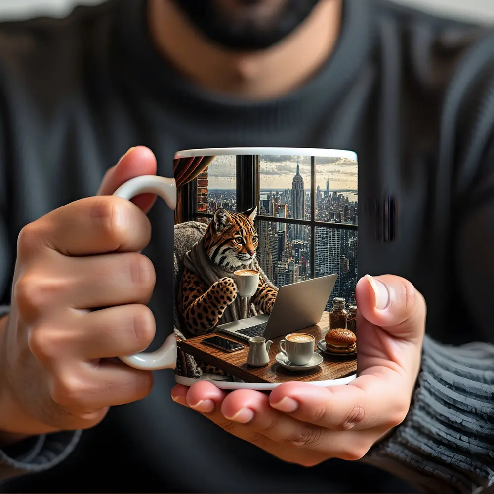 Ocelot Working Laptop New York City View – Mugs