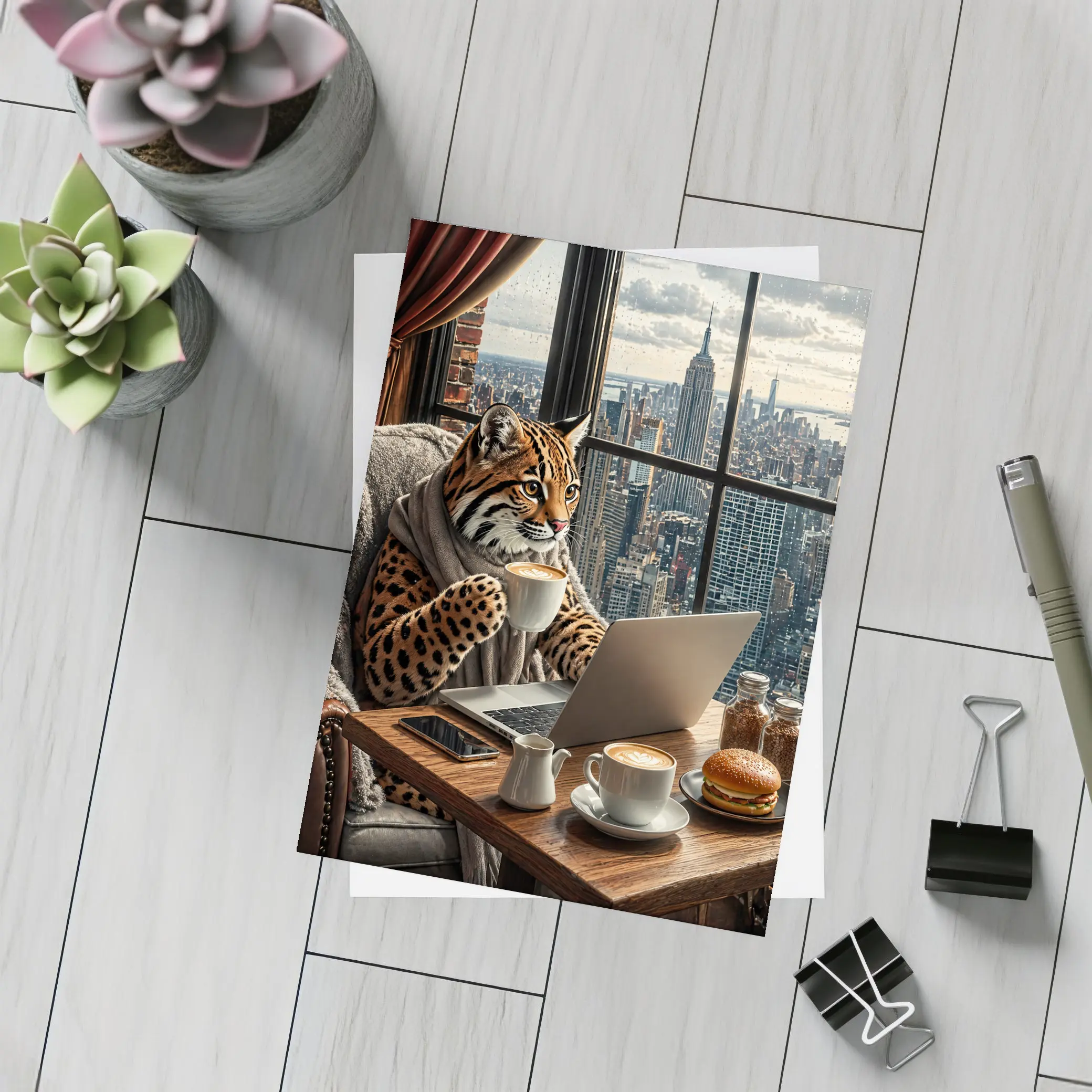 Ocelot Working Laptop New York City View – Postcards