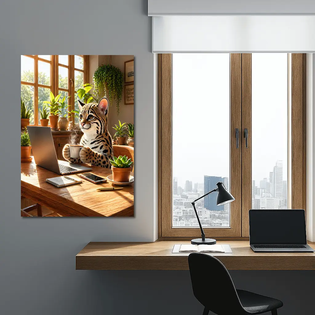 Ocelot Drinking Coffee at Laptop Desk – Wall Art