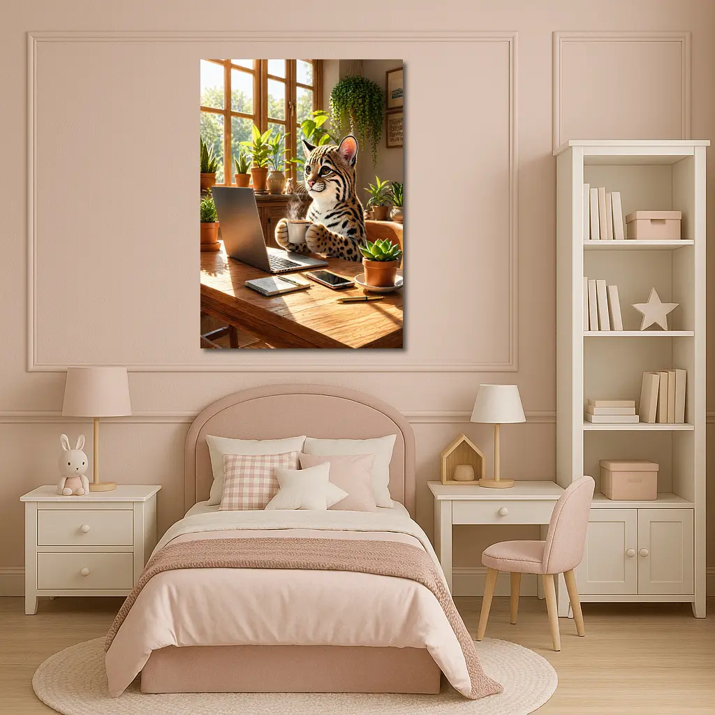 Ocelot Drinking Coffee at Laptop Desk – Wall Art