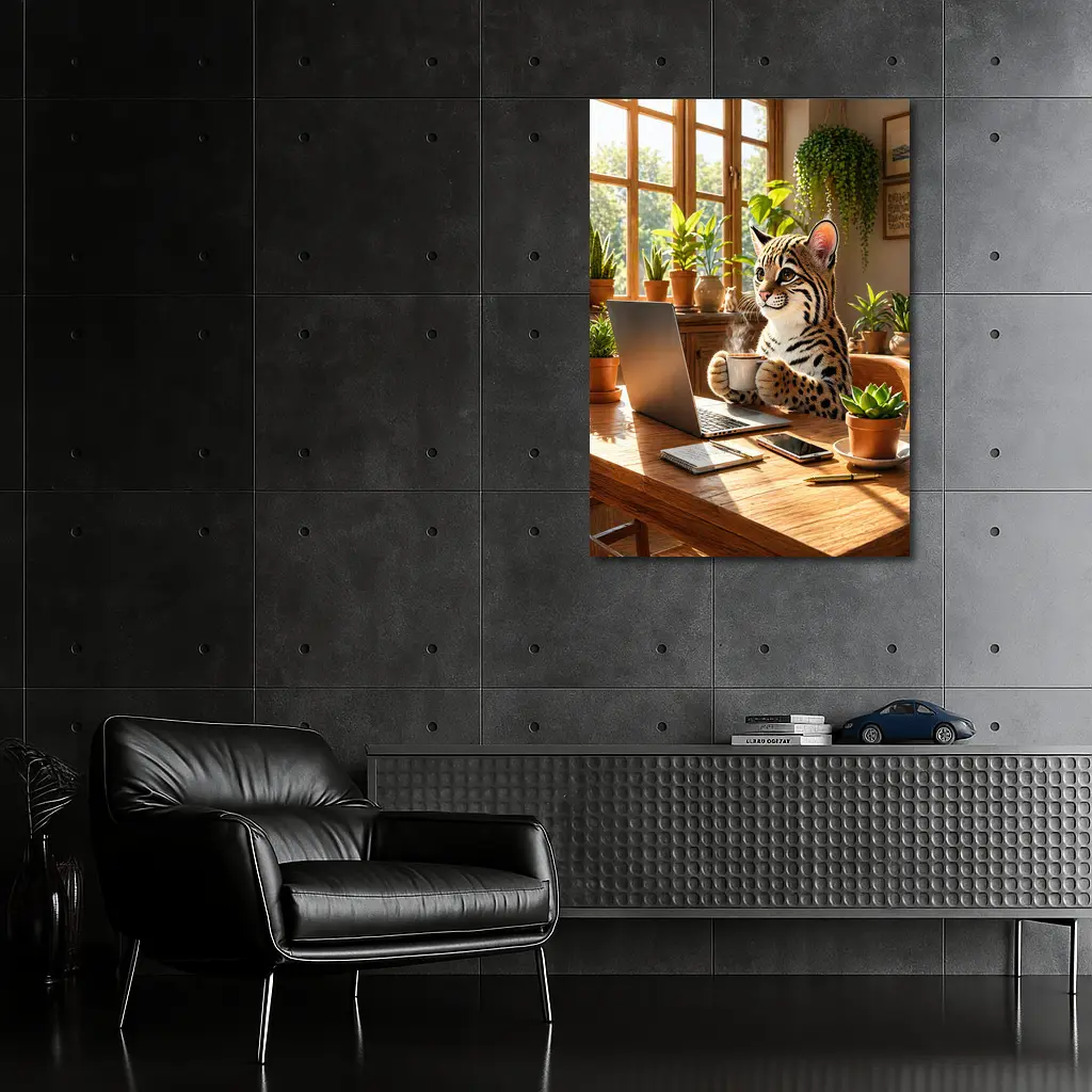 Ocelot Drinking Coffee at Laptop Desk – Wall Art