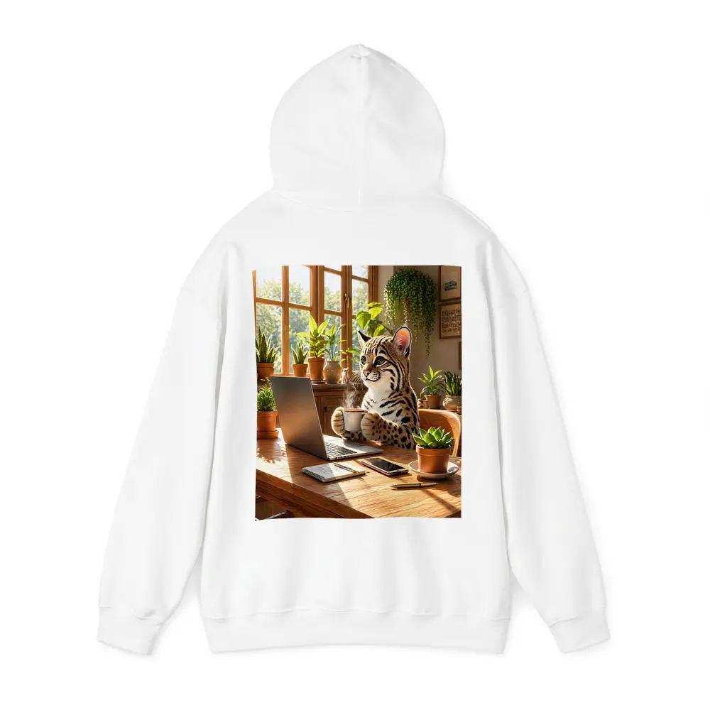 Ocelot Drinking Coffee at Laptop Desk – Hoodies